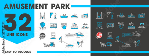 Amusement park line icons of funfair rides or attractions, vector symbols. Amusement park carousels, entrance tickets and hot air balloon with kites and bowling or karting races and wind tunnel