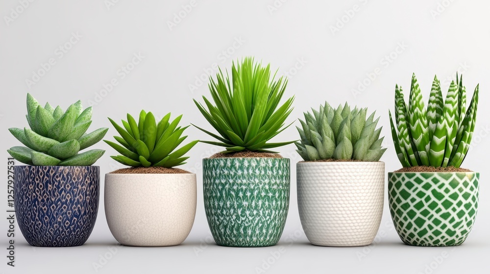 Five small potted succulents in various patterned ceramic pots, arranged in a row against a plain white background. The succulents have bright green Five small potted succulents in various patterned ceramic pots, arranged in a row against a plain white background. The succulents have bright green