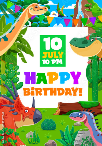 Birthday invite, kids party flyer with funny dinosaurs. Children holiday celebration, birthday invite vector poster or kids party flyer with cute Jurassic dinosaurs cartoon characters in jungle forest