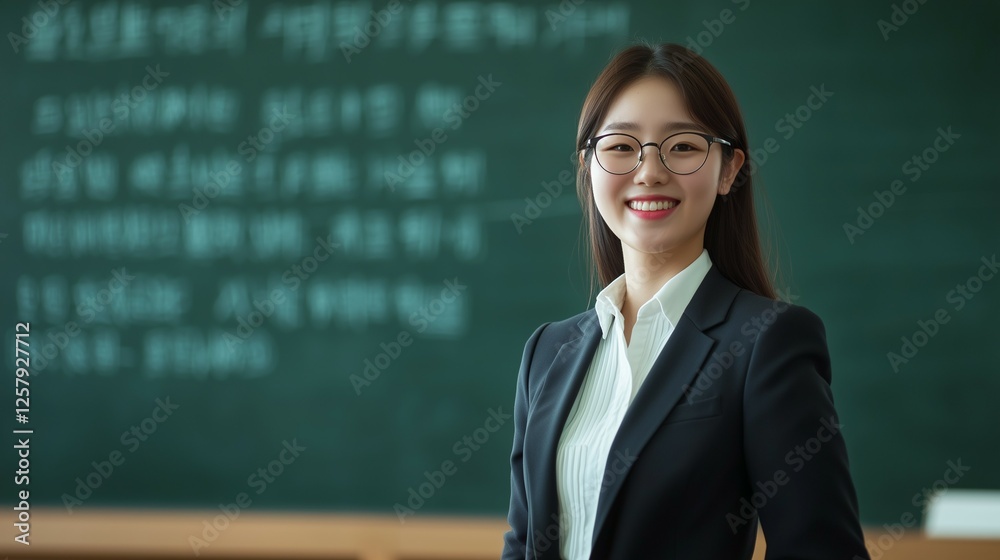 A Young female teacher with glasses stands at the front of the classroom, wearing a suit and white shirt, smiling with her hands on the desk A Young female teacher with glasses stands at the front of the classroom, wearing a suit and white shirt, smiling with her hands on the desk