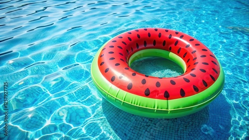 Watermelon floaty inflatable pool ring floating on water with summer background, pool toys