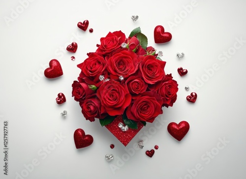 Valentine's Day background with red roses on a white background, with space for text, top view. Stock photo contest winner, 