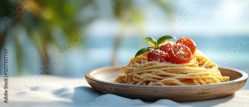 Tantalizing Spaghetti Dish on Wooden Plate with Vibrant Tomatoes photo