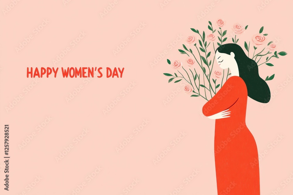 Fototapeta premium Beautiful illustration of a woman in a red dress holding a bouquet of flowers, celebrating International Women s Day, with a soft pink background