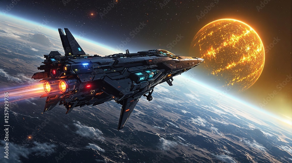 Naklejka premium Spaceship Escape: A futuristic spaceship, sleek and powerful, blasts off from a planet's atmosphere, escaping a fiery, volatile star. The image evokes a sense of urgency and adventure.