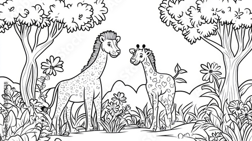 Coloring page giraffes forest scene photo