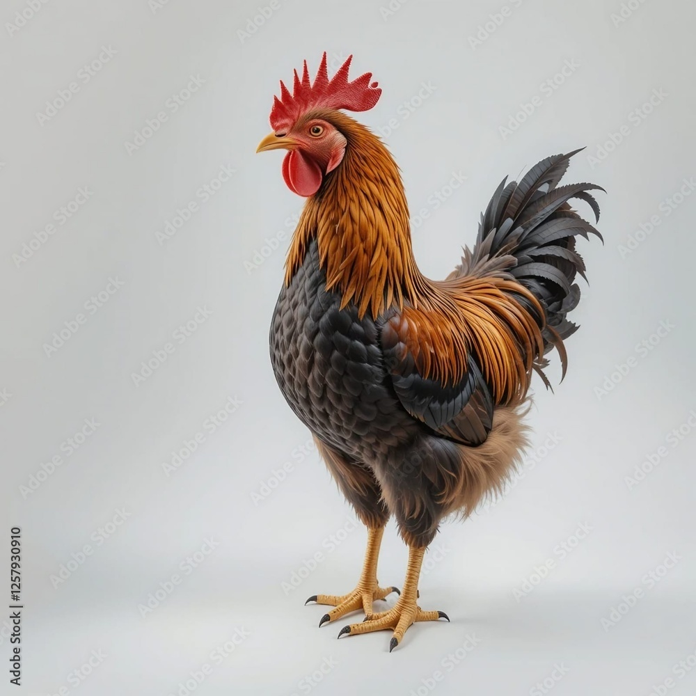 Fototapeta premium Rooster Standing on White Backgroundrooster, bird, farm, poultry, chicken, nature, feathers, isolated