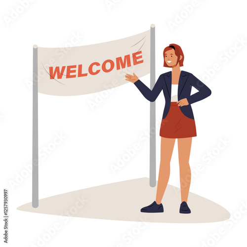 Female Greeter Standing Next To Welcome Banner, Flat Vector Illustration Symbolizing Hospitality, Event Reception, And Warm Welcome, Isolated On White Background