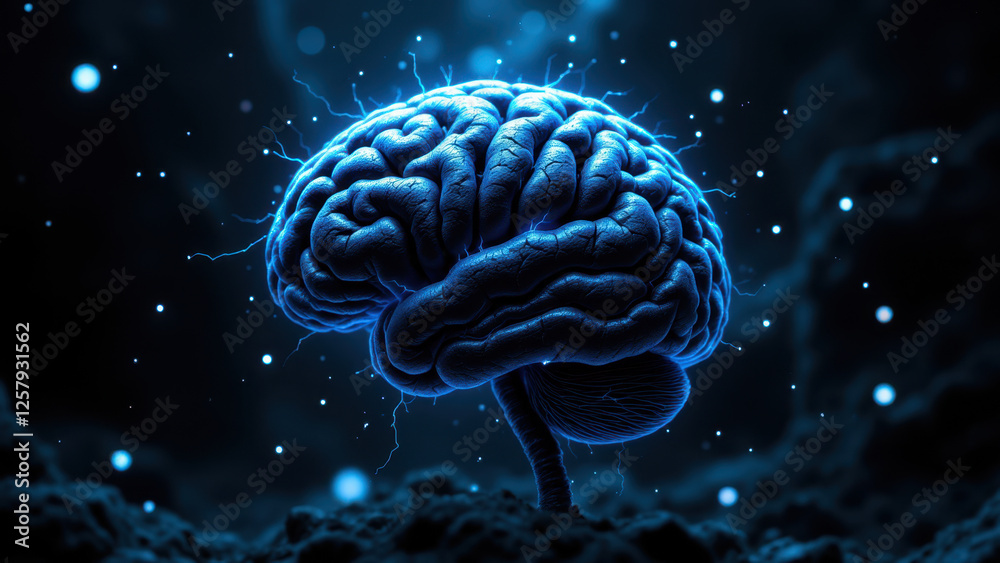 Obraz premium A vibrant AI-themed illustration with a glowing brain at the center set against a cosmic backdrop.