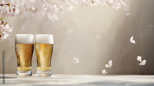 満開の桜と輝く黄金色のビールが織りなす春の情景 | 清楚な白光