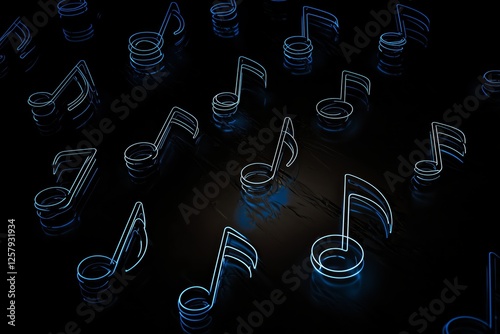 Glowing blue neon musical notes in the dark.