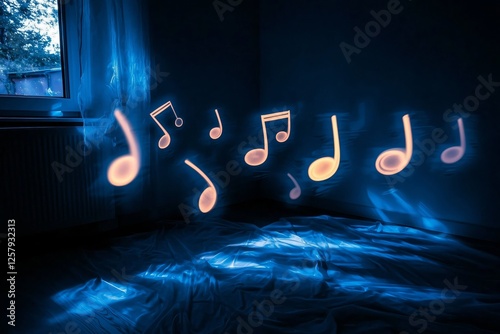 Glowing musical notes in a dimly lit room.