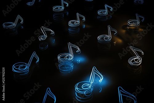 Glowing blue musical notes on a dark reflective surface.