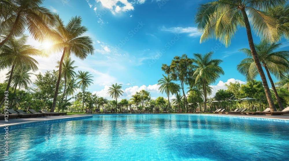 beautiful swimming pool and palm trees. Selective focus beautiful swimming pool and palm trees. Selective focus