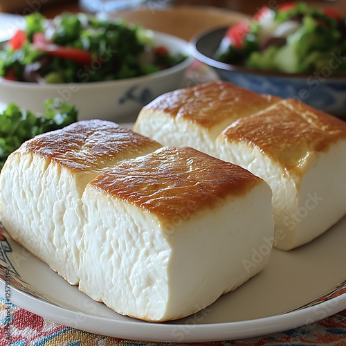 • A single block of pressed tofu marinated in spices, featuring a slight brownish hue, is laid atop a pristine white surface. The bright, shadow-free lighting underscores its firm texture and 
