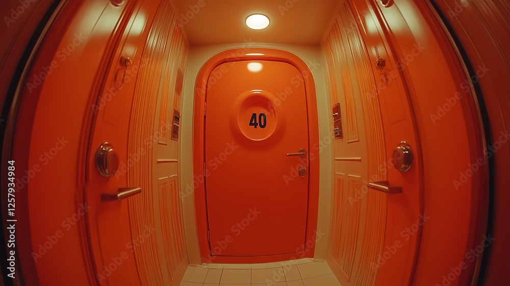 Obraz premium Vibrant orange door with number 40, situated in a narrow hallway with warm lighting, creating a modern and unique atmosphere.