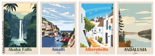 Set of 4 Vintage Travel Posters – Akaka Falls, Alberobello, Algonquin Park, Amalfi