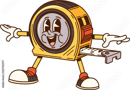 Groovy tape measure cartoon character for repair, construction and DIY tool, vector funny face. Groovy measuring tape with happy smile on silly face for carpentry and DIY cartoon work tool character