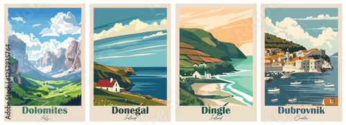 Dingle, Ireland, Dolomites, Italy, Donegal Ireland, Dubrovnik, Croatia - Set of 4 Vintage Travel Posters. Vector illustration. Art, High Quality Prints