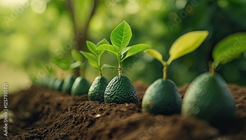 Avocado seedlings sprout in garden row, nature background photo