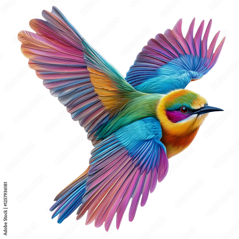 Fototapeta premium Colorful Bird in Flight with Vibrant Feathers and Bright Wings transparent background