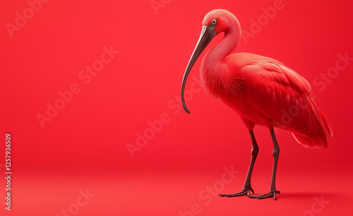 Scarlet Ibis on Red Background: A striking scarlet ibis standing gracefully against a solid red background, showcasing its curved beak and delicate feathers.