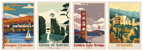 Glens of Antrim, Northern Ireland, Glasgow Clydeside Scotland, Golden Gate Bridge, California, Granada, Spain - Set of 4 Vintage Travel Posters. Vector illustration. Art, High Quality Prints