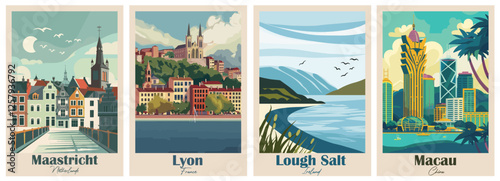 Set of 4 Vintage Travel Posters – Lough Salt, Lyon, Maastricht, Macau