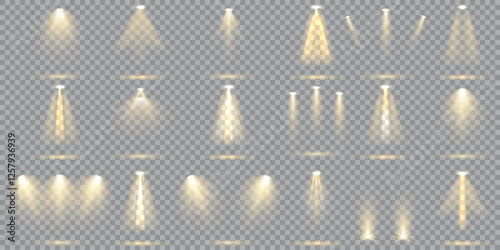 Collection of stage lighting spotlight, scene, stage lighting large collection, projector light effects. Light sources, concert lighting, spotlights. Vector spotlight for studio. Vector illustration
