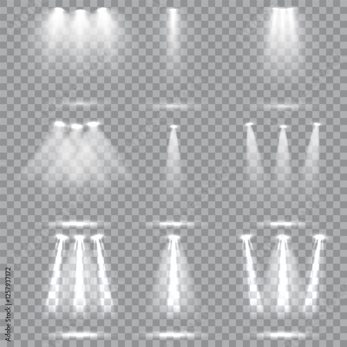 Collection of stage lighting spotlight, scene, stage lighting large collection, projector light effects. Light sources, concert lighting, spotlights. Vector spotlight for studio. Vector illustration