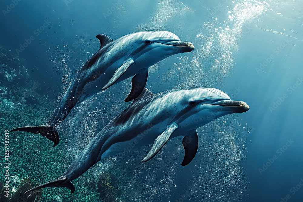 Naklejka premium Two dolphins swimming in the ocean. The water is clear and blue. The dolphins are close to each other