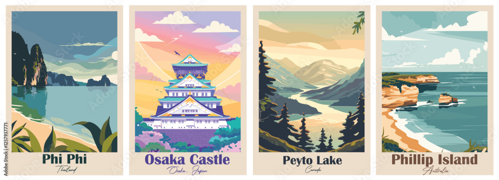 Fototapeta premium Set of 4 Vintage Travel Posters – Osaka Castle, Peyto Lake, Phi Phi, Phillip Island