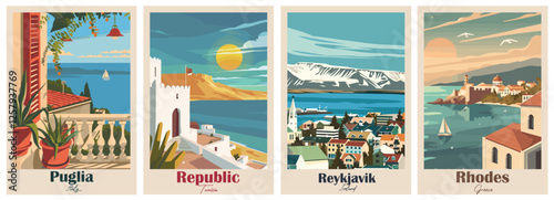 Set of 4 Vintage Travel Posters – Puglia, Tunisia, Rhodes, Rock of Cashel