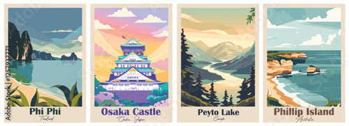 Set of 4 Vintage Travel Posters – Osaka Castle, Peyto Lake, Phi Phi, Phillip Island