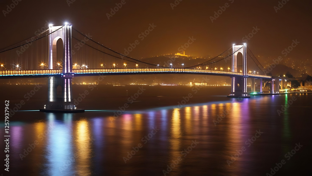 Fototapeta premium night-time view of Istanbul's Bosphorus Bridge lit up with vibrant colors and reflections on the water, the city lights shining in the distance