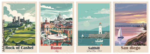 Set of 4 Vintage Travel Posters – Rock of Cashel, Rome, Salthill, San Diego