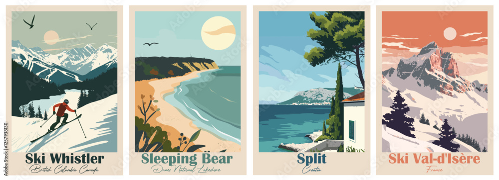 Set of 4 Vintage Travel Posters – Split, Sleeping Bear Dunes, Whistler, Val-d'Isère