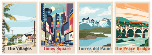 Set of 4 Vintage Travel Posters – Peace Bridge, Times Square, Torres del Paine, The Villages