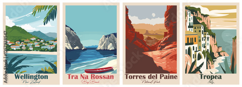 Set of 4 Vintage Travel Posters – Tra Na Rossan Bay, Tropea, Valley of Fire, Wellington