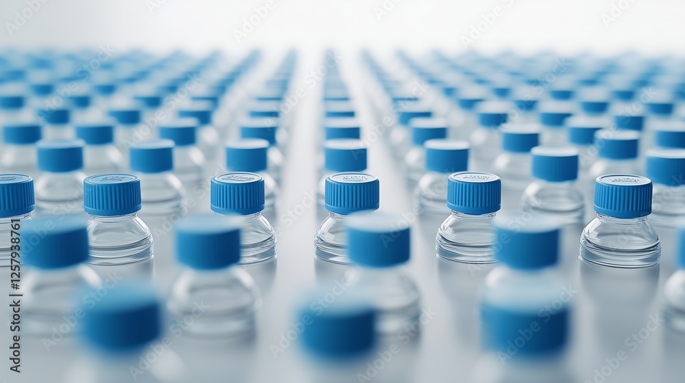 Neatly arranged small plastic bottles with blue caps, showcasing simplicity and uniformity in a clean, orderly setting. Neatly arranged small plastic bottles with blue caps, showcasing simplicity and uniformity in a clean, orderly setting.