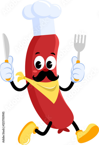 фотографія Sausage Chef Retro Cartoon Character With Knife And Fork Running