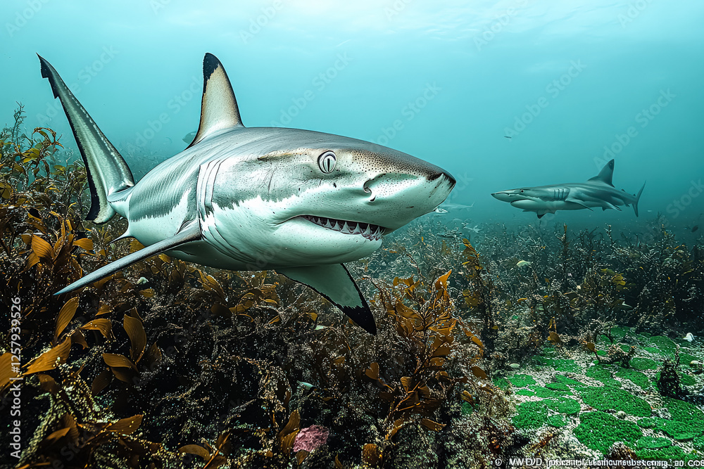 Fototapeta premium Shark is swimming in the ocean with a green plant in the background. The shark is the main focus of the image, and the plant adds a sense of depth and contrast to the scene