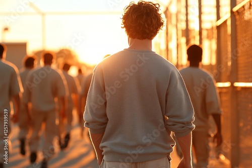 A young man in light-blue prison uniform walks away from the camera at sunset,  surrounded by other inmates photo