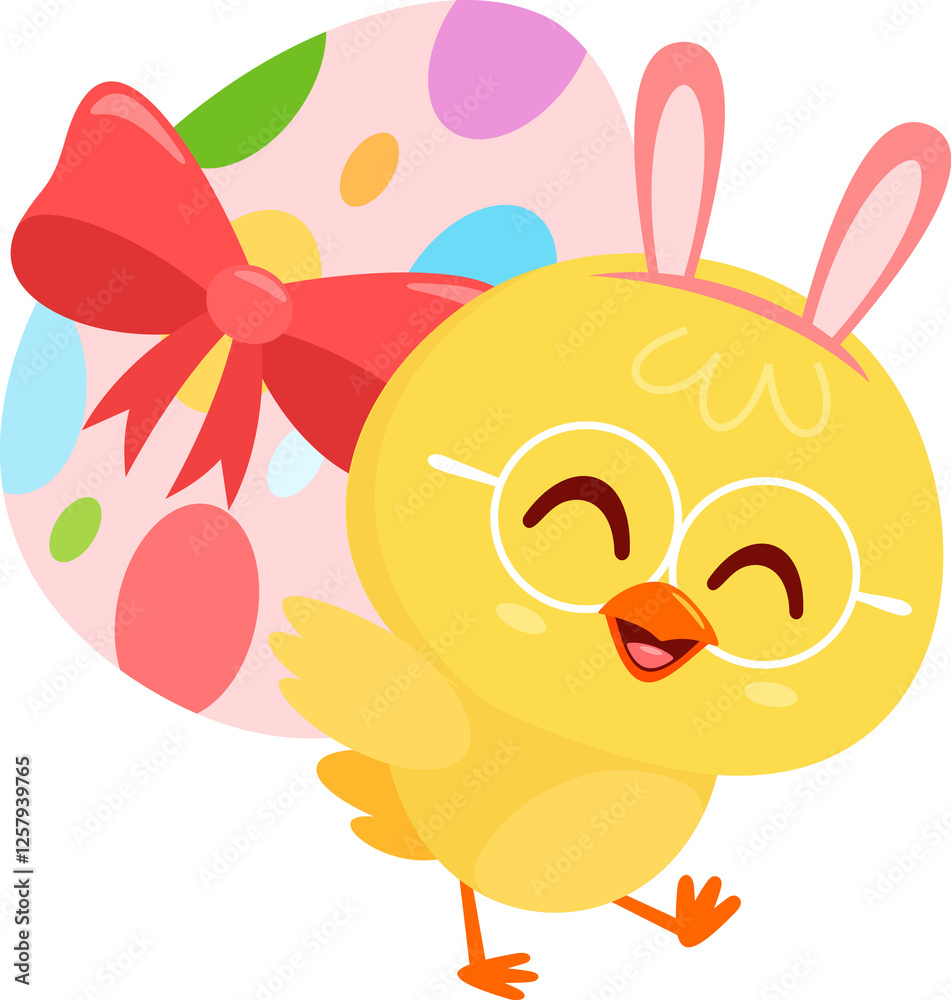 Fototapeta premium Cute Yellow Chick Cartoon Character Carrying Easter Egg. Illustration Flat Design Isolated On Transparent Background