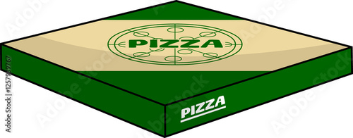 Cartoon Square Carton Pizza Box. Hand Drawn Illustration Isolated On Transparent Background