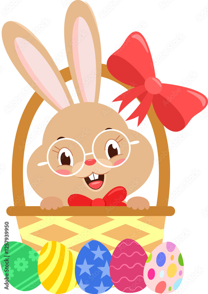 Obraz premium Cute Bunny Rabbit Cartoon Character In The Easter Basket With Eggs