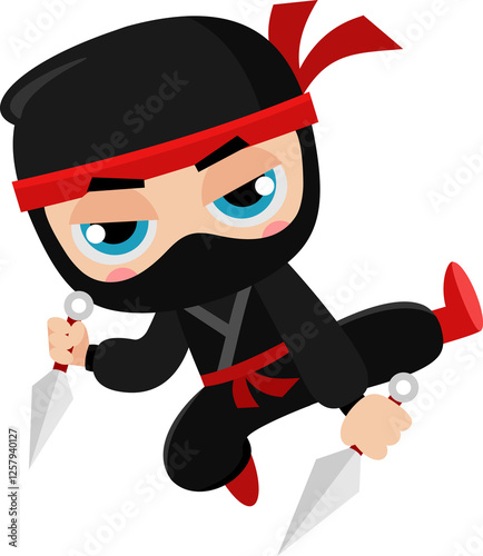 Cute Ninja Boy Warrior Cartoon Character Jumping With Two Kunai Throwing Knives