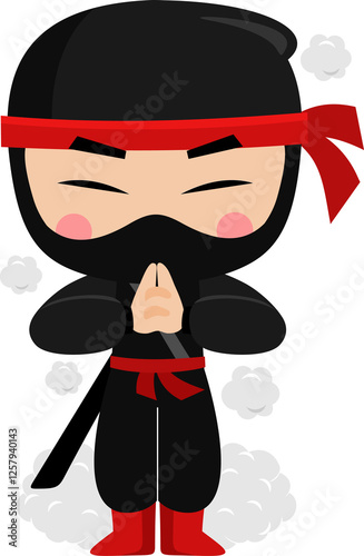 Cute Ninja Boy Warrior Cartoon Character Uses The Technique Of Emitting Smoke
