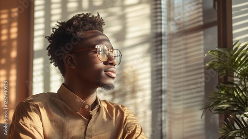 teenage African boy chatting in a coworking space, wearing casual clothing, relaxed atmosphere, candid moment, natural light, warm setting, realistic details, subtle shadows, photo, daylight.