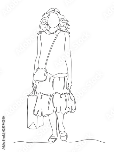 Woman in dress with shopping bag and purse walking. Front view. Continuous line drawing. Black and white vector in line art style.